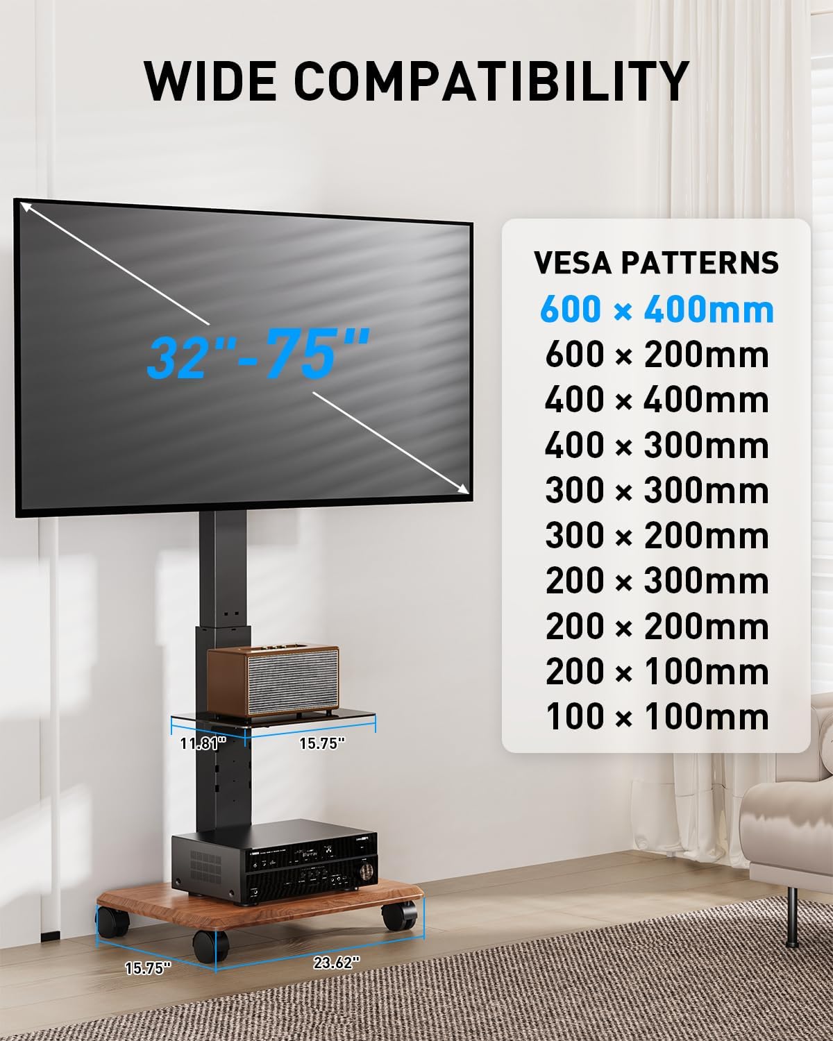 Heavy Duty Rolling TV Stand for 32-75 Inch TVs Holds up to 132 lbs - Image 2
