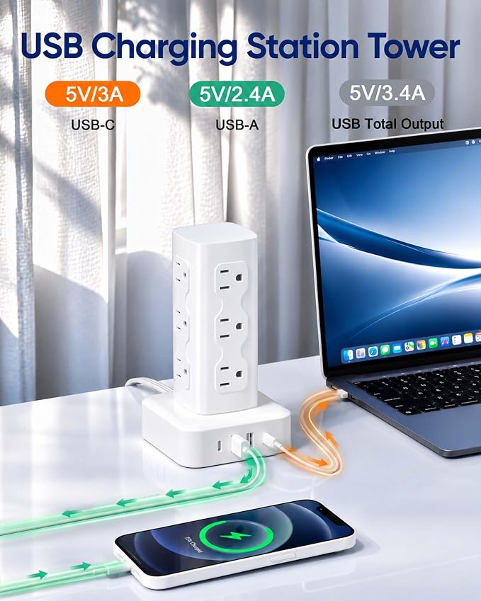 Power Strip Tower Surge Protector(2000J), Flat Plug Charging Station Tower with 12 AC Outlets & 4 USB Ports(2 USB C), 6FT Extension Cord for Home Office Dorm, White - Image 2