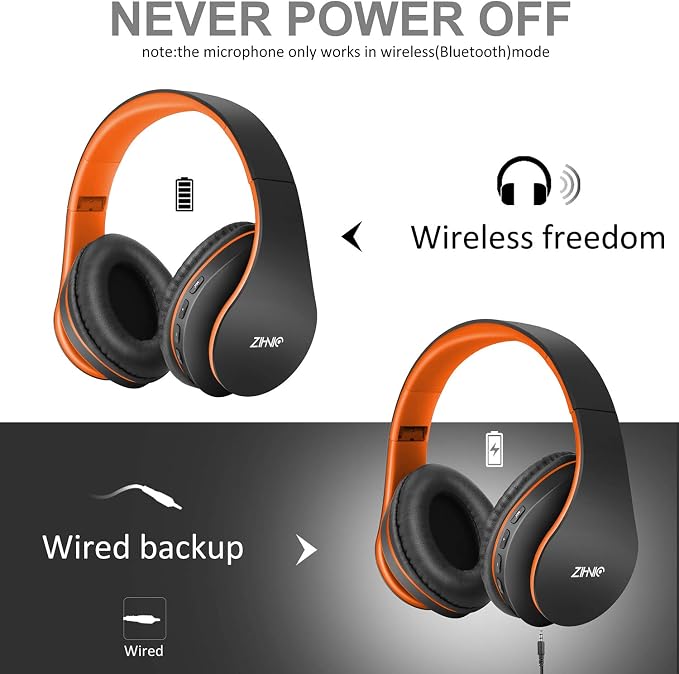 ZIHNIC Bluetooth Headphones Over-Ear, Foldable Wireless and Wired Stereo Headset Micro SD/TF, FM for Cell Phone,PC,Soft Earmuffs &Light Weight for Prolonged Wearing(Black/Orange) - Image 3