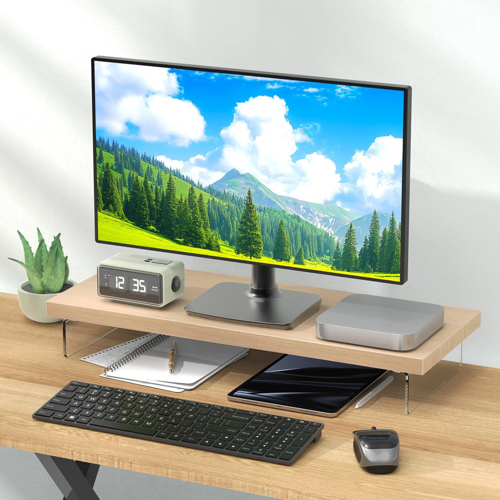 Monitor Stand Riser, 25x10 in Wood & Acrylic Computer Desk Organizer Shelf - Image 2