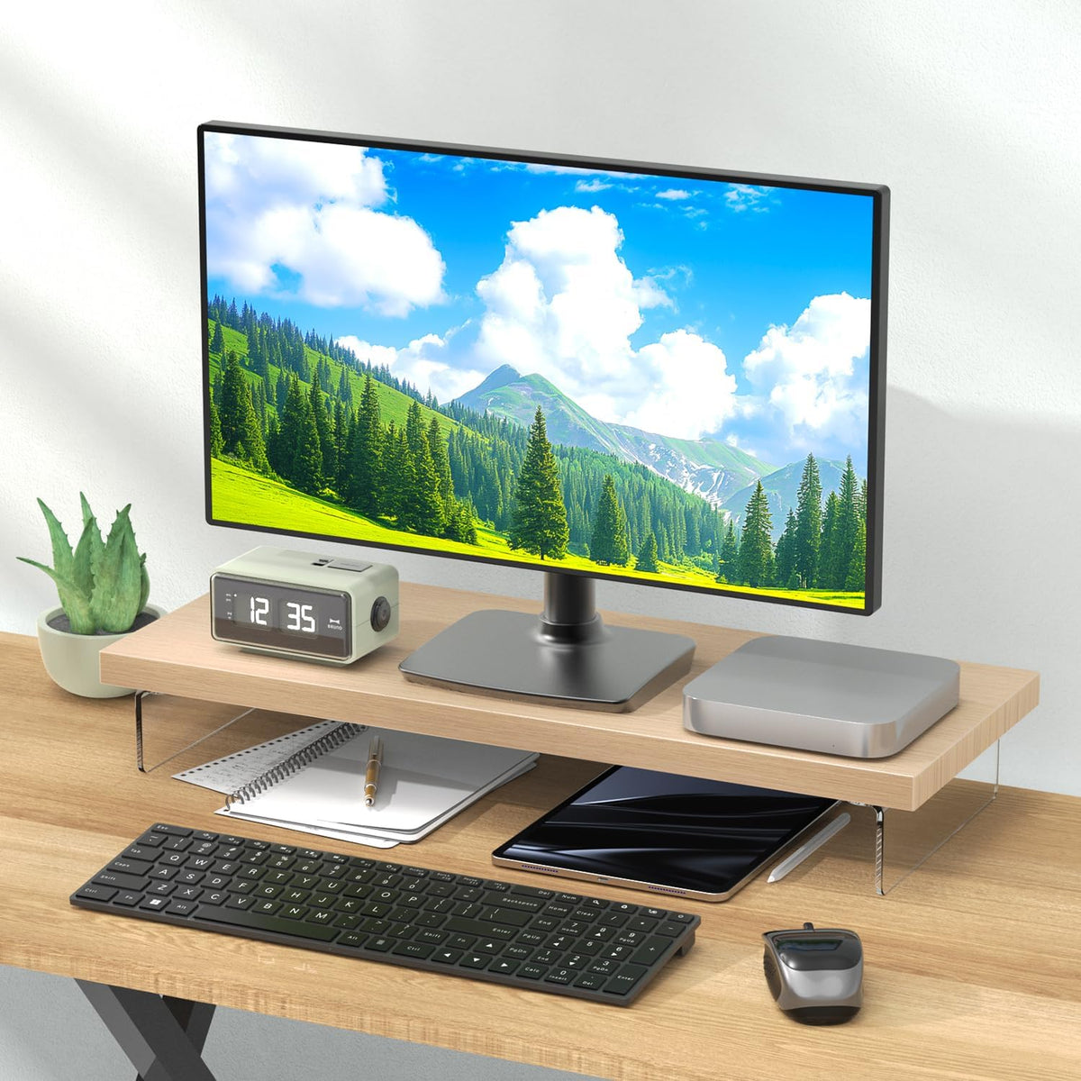 Monitor Stand Riser, 25x10 in Wood & Acrylic Computer Desk Organizer Shelf - Image 2
