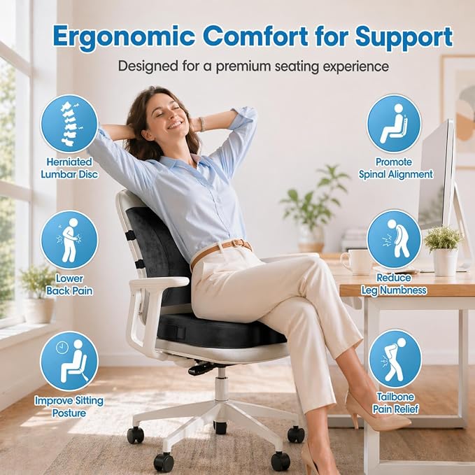 CloudBliss Ergonomic Seat Cushion & Lumbar Support Pillow Set, Grey, Large | Back Pain & Sciatica Relief, Memory Foam Support, Adjustable Straps, Machine Washable Velvet, Perfect for Office, Car, Gaming - Image 2