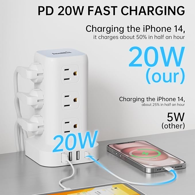 Power Strip with 12 Outlets 4 USB (1 USB C), 10Feet Extension Cord with Multiple Outlets, Charging Station, Power Strip Tower, Home Office Desk Supplies - Image 3