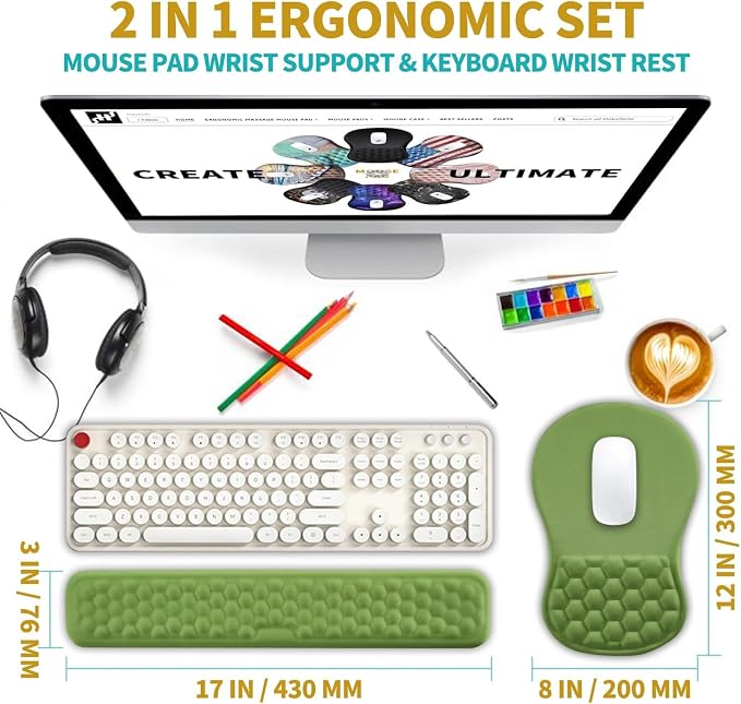Hokafenle 2 in 1 Ergonomic Mouse Pad Wrist Support & Wrist Rest for Computer Keyboard Set, with Relieve Carpal Tunnel Pain Massage Bulge and Full Memory Gel Design (2In1 Set, Grass Green) - Image 2