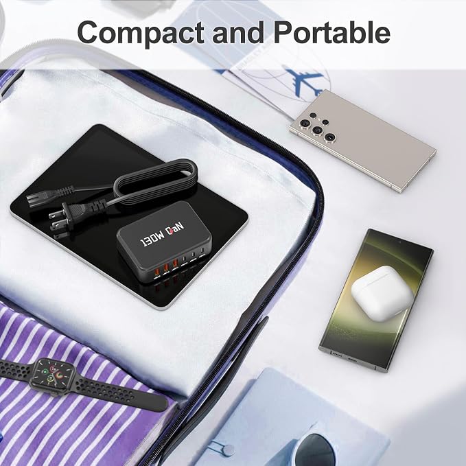 130W USB C Charger Block GaN 6 Port Fast USB C Charging Station for Galaxy | Power Strip Adapter Plug for Galaxy S26 S25 S24 S23 S22+/iPhone 17/16 Series, iPad, Pixel, and More,5ft Power Cord-Black - Image 7