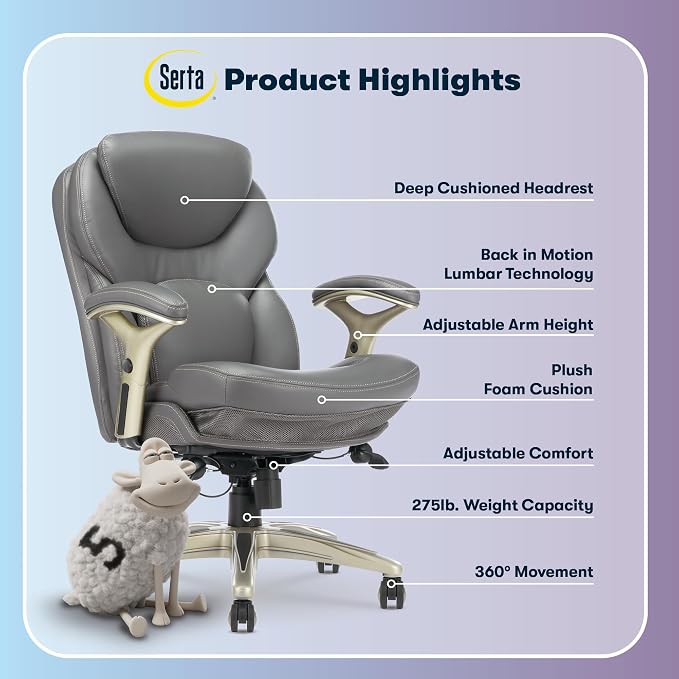 Serta Ergonomic Home Office Chair Pivot Lumbar Support, Leather Desk Chair | Claremont, Adjustable Arms, Height & Tilt, Foam Seat & Headrest Cushion, Work From Home Gaming Chair lower Back Pain, Gray - Image 4