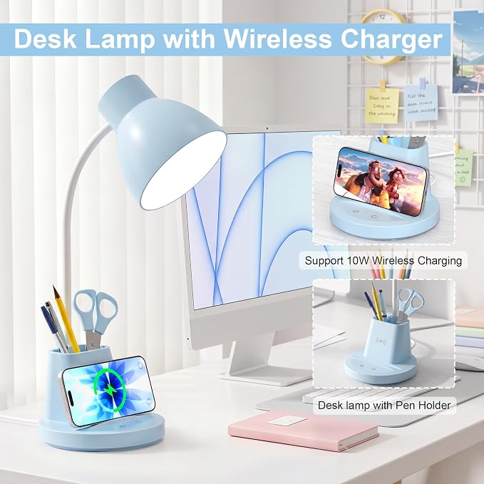 10W Wireless Charging LED Desk Lamp with Pen Holder, CRI 95, Blue | 800LM, 3 Modes, 360°Flexible Arm, Touch, Brightness, Table Lamp for Home Office, Dorm, Bedside, Study, Reading, with Adapter - Image 2