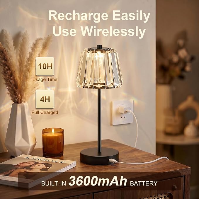 13" Small Crystal Cordless Table Lamp, Touch Rechargeable Desk Lamps | 3 Color Temps, Stepless Dimming, Black Portable Battery Operated LED Desk Lamps for Bedside, Nightstand, Kitchen, Patio, Gift - Image 5