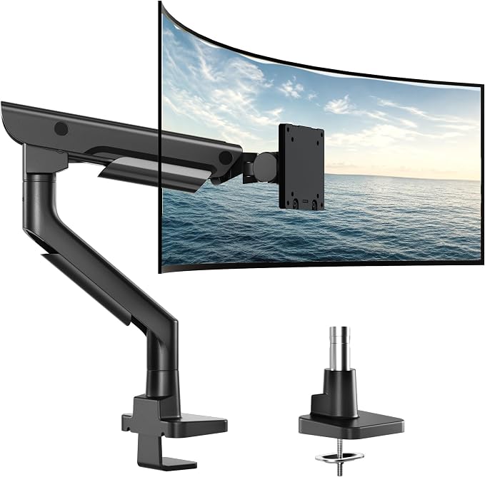 monTEK Heavy-Duty Monitor Arm for 17-57" Ultrawide, 59.4 lbs, Black | Pneumatic lift, quick-release VESA 75/100 plate, full motion, clamp/grommet bases and hidden cable routing by monTEK