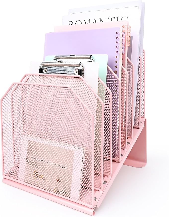 SUMMORO Inclined File Organizer for Desk, 7-Section Vertical File Holder | Office Desk Organizer Metal Rack File Folder, Wire Mesh Desktop Document Sorter, for Office School Classroom Home (Pink) - Image 9
