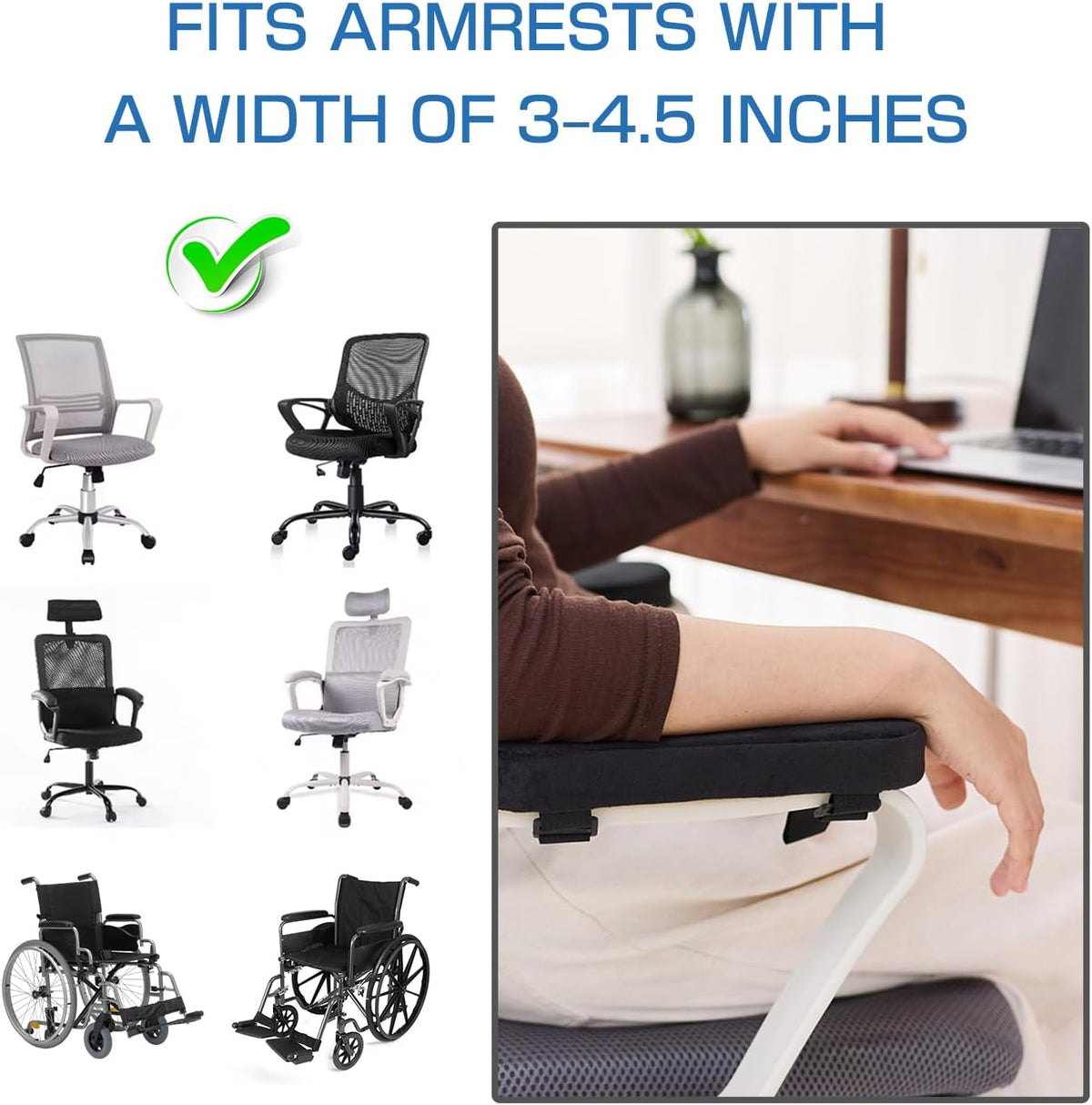 Office Chair Armrest Covers – Memory Foam Armrest Pads Ergonomic Forearm Support Pillow with Non-Slip Cushion for Office Chairs Gaming Chairs Wheelchairs (Black, Set of 2) - Image 6