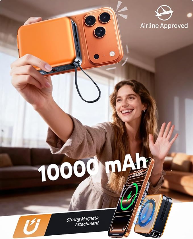 for Magsafe Portable Charger with Built-in Cables and AC Wall Plug, 10000mAh Magnetic Wireless Power Bank 22.5W Type-C in & Out Fast Charging Battery Pack for iPhone 17/16/15/14/13/12 Series, Orange - Image 6