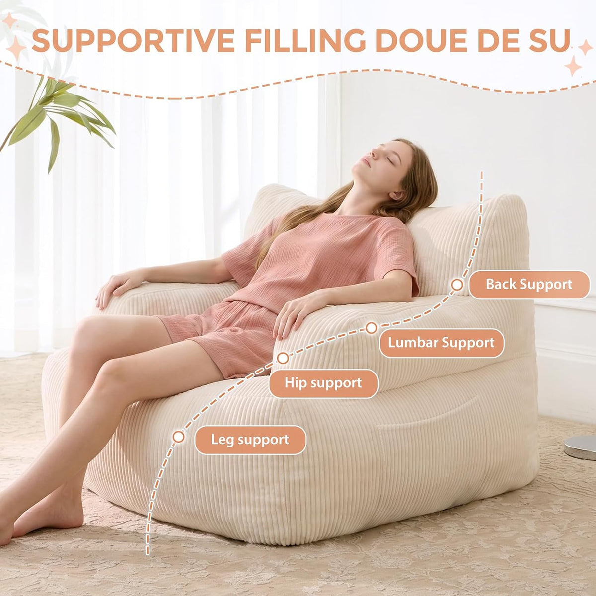 HUGHEAVEN Bean Bag Chair for Adults & Teens, Comfy Bean Bag Sofa, Beige, - Image 6