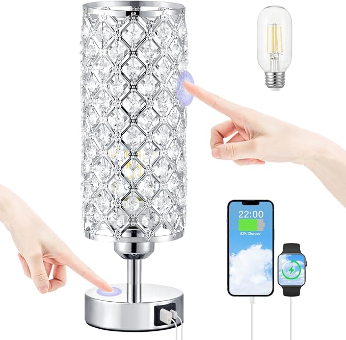 Crystal Table Lamp, 3 Way Dimmable Touch Lamps for Night Stands, Sliver | Crystal Table Lamp with Touch Control, Bedroom Light for Nightstand,Sliver by Hong-in