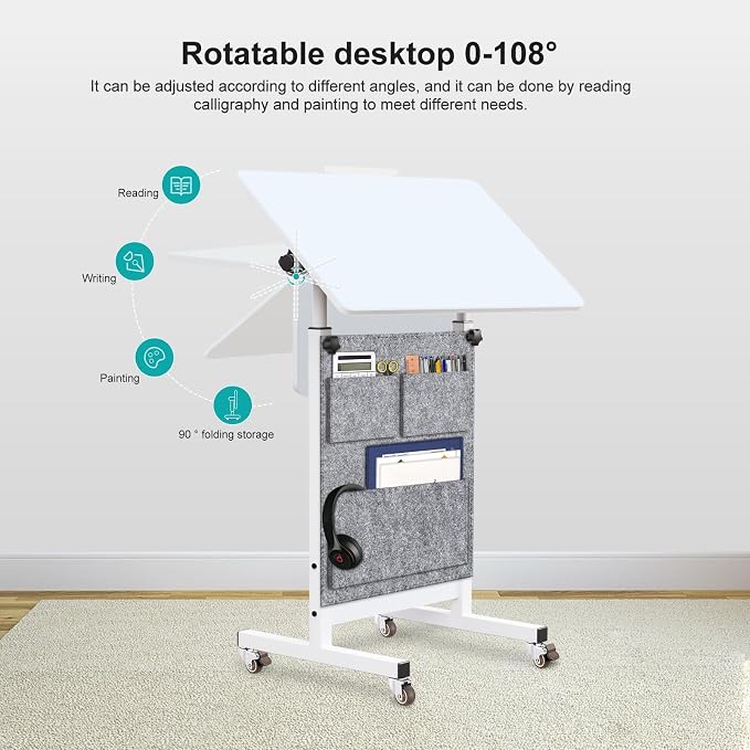 KOUPA 24 Inch Adjustable Height Flip Writable Standing Desk with Wheels,Bag | Writable Erasable Tempered Glass Desktop Mobile Desk With Eraser, for Home Office, Small Spaces, White, Height 32inch-47 inch - Image 5