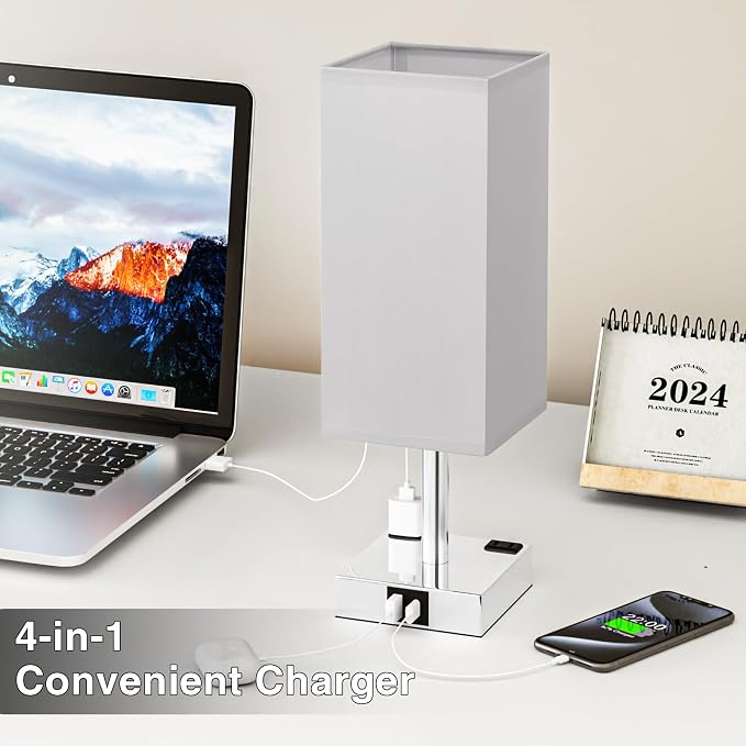 Set of 2 Grey Touch Table Lamp for Bedroom, Dimmable, USB C+A, 2 AC Outlets | 3-Way Dimming, 3000K Bulb Included, Square Grey Lampshade and Silver Base, Desk Lamp for Nightstand, Living Room, Dorm - Image 3