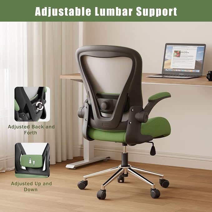 Green Ergonomic Office Desk Chair, Soft Fabric Thickened Curved seat Cushion with Adjustable Lumbar Support, Perfect Blend of Comfort and Good Looks, Ideal Chair for Home or Office, Green - Image 4