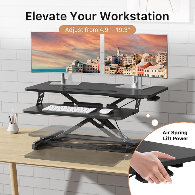 JOY worker Standing Desk Converter, 32" Height Adjustable Sit Stand Riser | Black Desktop Sit to Stand Riser with Fixed Keyboard Tray, Monitor and Laptop Workstation, Particle Board, for Home Office - Image 3