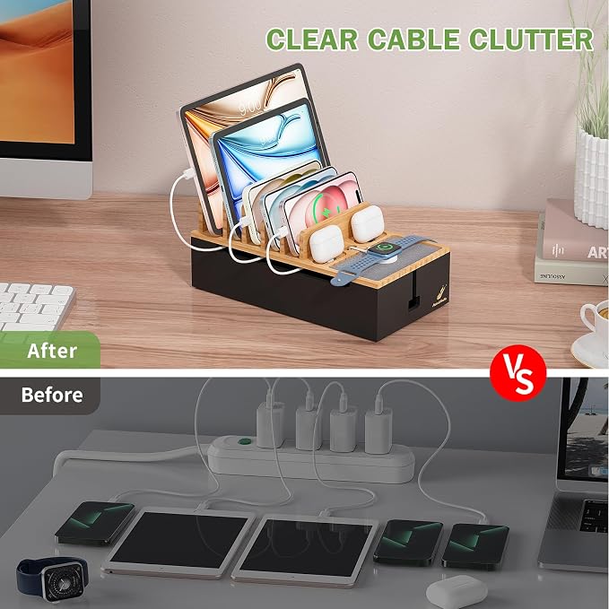 Pezin & Hulin Cord Organizer Box with 6 Wire Cables-Natural + Black | Surge Protector Organizer, Device Charger Station for Phones & Tablets, Wood Charging Dock , No Power Supply - Image 2