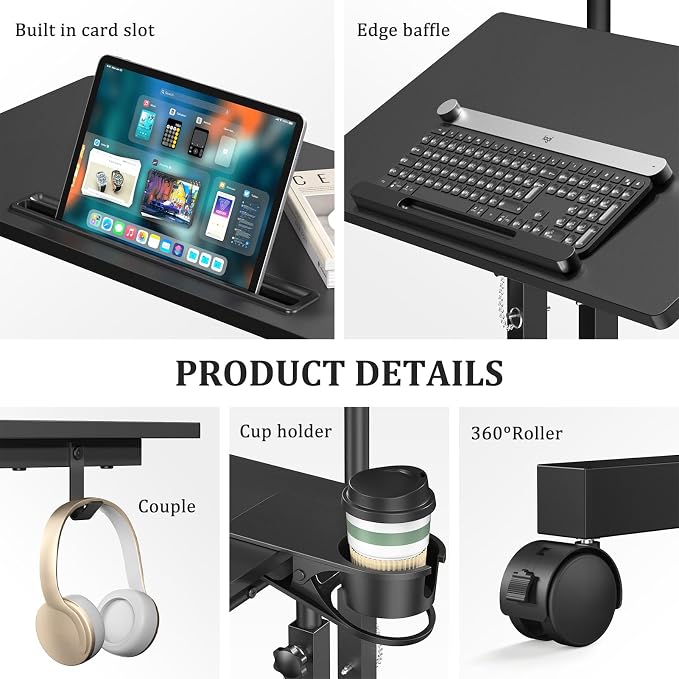 Enayplon Small Standing Desk with Wheels, Mobile Stand Up Desk, Portable Standing Table on Wheels for Walking Pad, Rolling Computer Desk Adjustable Height, Tall Table - Image 8