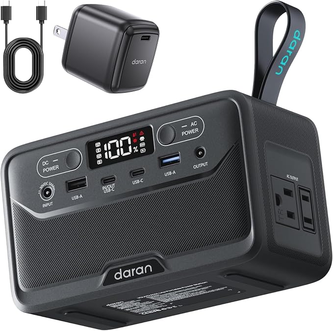 Portable Power Station 89.6Wh LiFePO4 Battery, Solar Power Bank with AC Outlet 100W/110V, USB-C PD Two-Way Fast Charging Small Generator for Laptop, Camping, Home, Office (65W Wall Charger Included) by DaranEner