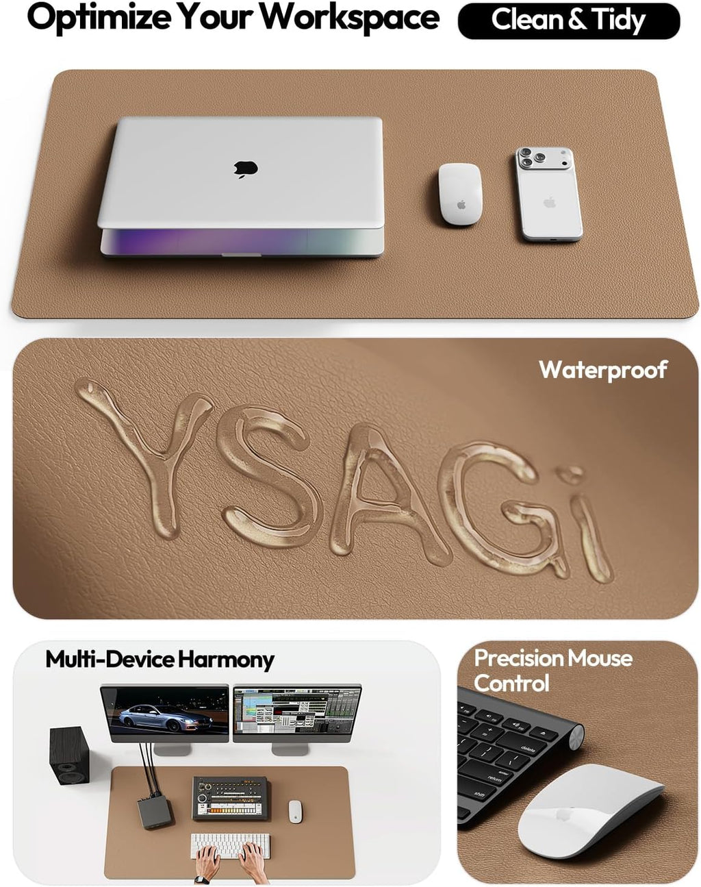 YSAGi Leather Desk Protector, Office Mat, Large Mouse Pad, Non-Slip PU Leather Blotter, Laptop Desk, Waterproof Writing Pad for Office and Home (Khaki, 35.4" x 17") - Image 8