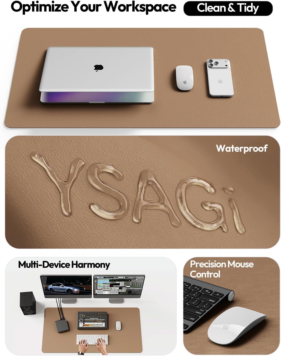 YSAGi Leather Desk Protector, Office Mat, Large Mouse Pad, Non-Slip PU Leather Blotter, Laptop Desk, Waterproof Writing Pad for Office and Home (Khaki, 35.4" x 17") - Image 8