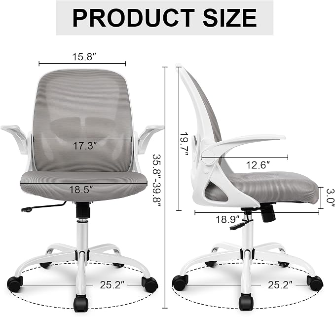 Office Chair Ergonomic Desk Chair with Adjustable Lumbar Support and Height, Swivel Breathable Desk Mesh Computer Chair with Flip up Armrests for Conference Room（Gray） - Image 3