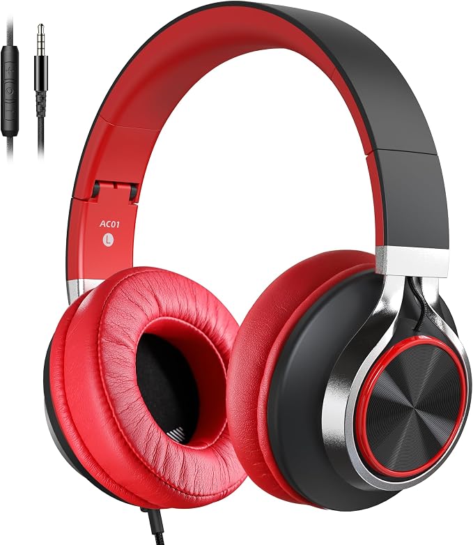 AC01 Over Ear Headphones Wired with Mic Volume Control, 3.5mm Jack | Corded Stereo Headsets for Adults Teens Kids Headphones for School Classroom Chromebooks Laptop Tablets Travel, Black Red by COOSII