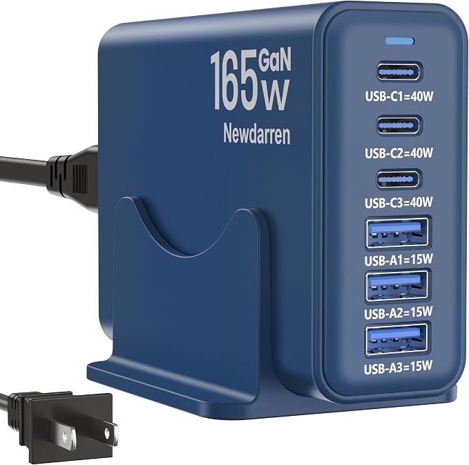 165W Charging Station, 6 Port Desktop Charger, 3 Ports 40W Blue | USB Charger Block, 3 x USB A 15W, 3 x USB C 40W, Compatible with iPhone, Galaxy, MacBook, iPad, Home Office, Travel and More by Newdarren