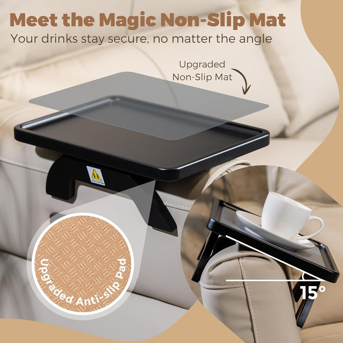 Couch Armrest Table, Foldable Bamboo Sofa Arm Tray for Couch with a Non-Slip Pad, Clip On Couch Arm Table for Remotes/Eatting/Drinks, Fits Sofa Armrest 3.5"-13.5" Black - Image 3