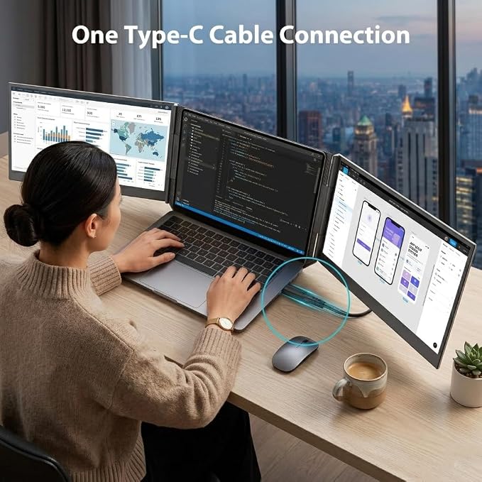 APILDELLA 15.6" Triple Laptop Screen Extender One Cable, 1080P FHD Portable Dual Monitor, Ultra-Slim Travel Monitor Extender for Triple Display on Mac/Windows, Fits 13"-17.3" Laptops（Driver Required） - Image 3