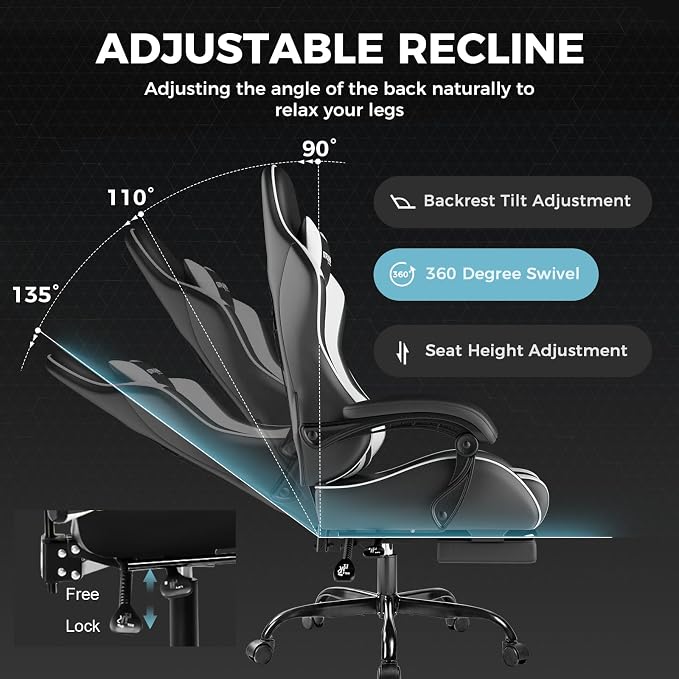 GTPLAYER Gaming Chair, Computer Chair with Footrest and Lumbar Support, Height Adjustable Game Chair with 360°-Swivel Seat and Headrest and for Office or Gaming (Pearl White) - Image 6
