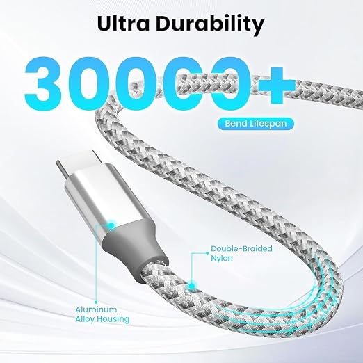 KYEHD USB C to USB C Cable 10ft 3 Pack 60W Fast Charging Long Charger Cord | 3 Pack 10ft 60W Fast Charging USB C to USB C Cable, Type C Charger Cord for iPhone 17/16/15 iPad MacBook CarPlay - Grey White - Image 7