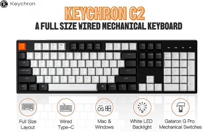 Keychron C2 Full Size 104 Keys Wired Mechanical Gaming Keyboard for Mac Layout, Gateron G Pro Brown Switch/White LED Backlight/Double Shot ABS Keycaps/USB C Computer Keyboard for Windows Laptop - Image 6
