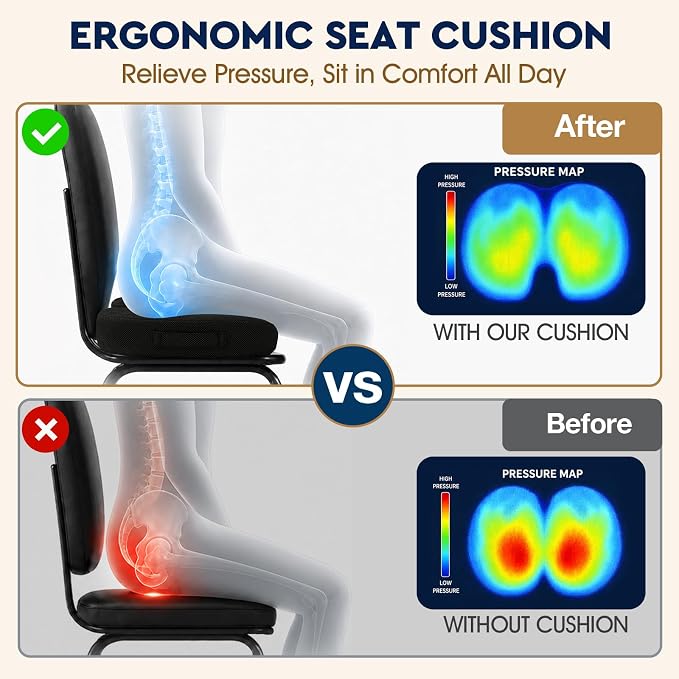 Seat Cushion, Memory Foam Office Chair Cushion - Black, Large | for Car Seat, Airplane, Desk Chair - Sciatica & Hip & Coccyx Pain Relief Cushion for Long Sitting Office Workers, Car Drivers - Image 3