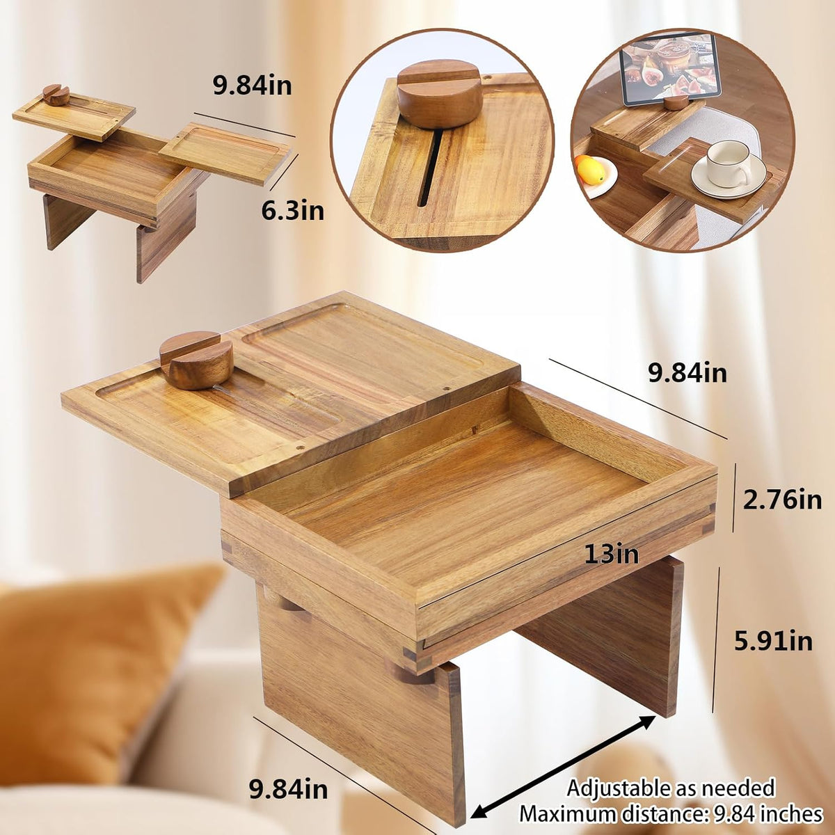Acacia Wood Couch Arm Tray, 13.4 x 10.3 x 9.5 inches - Image 7