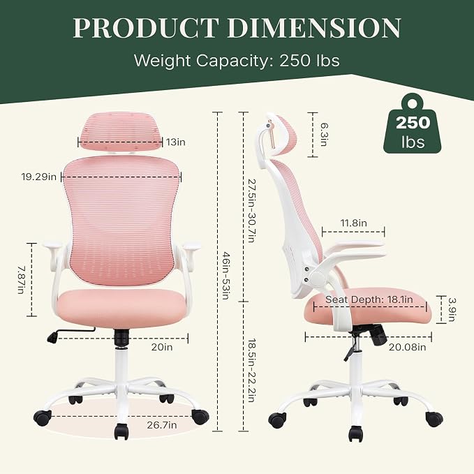 Ergonomic Desk Chair Comfy, Mesh Office Chair, for Home Office | Adjustable Headrests, Flip-up Arms, Breathable Mesh High-Back, Swivel Wheels, for Girls, Pink - Image 2