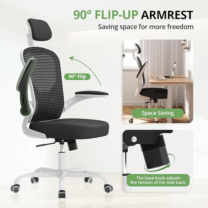 Office Chair|330LBS Capacity Ergonomic Desk Chair | High Back Computer Chair,Long Hours Comfortable,Rolling Swivel,Flip-up Armrests,Home Office - Image 4