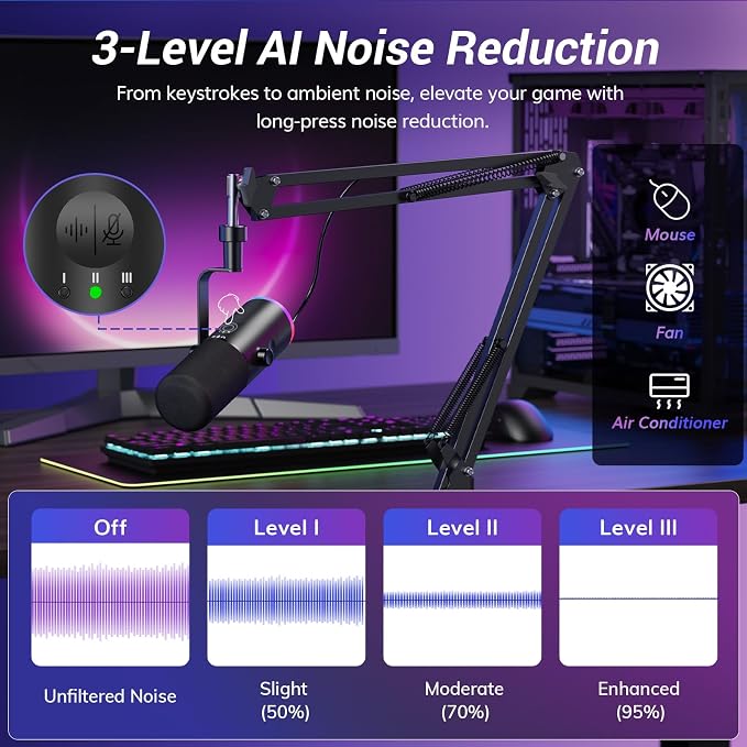 TONOR Dynamic Gaming Microphone XLR/USB Mic with AI Noise Cancellation | Boom Arm Set, RGB, Tap Mute, 3.5mm Jack, Gain Control, Microfono for Content Creators, Black, TD510 AIR S H+ - Image 2
