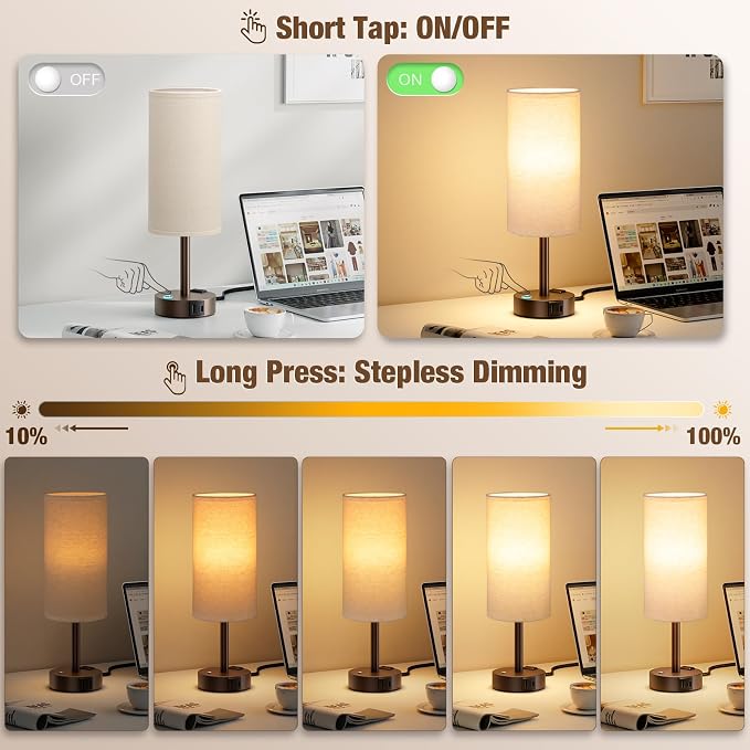 Brown Touch Bedside Lamp for Bedroom, Stepless Dimmable, USB A+C, AC Outlet | Base Touch Button Only, Memory Brightness, Ultra-dim Night Light, Included Bulb for Optimal Dimming, Beige Fabric Shade, Desk - Image 2