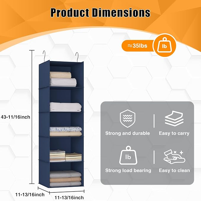 Hanging Closet Organizer 5-Shelf, Oxford Fabric Wardrobe Storage, Navy Blue | Easy-mount foldable design holds clothes, handbags, shoes & accessories; washable Oxford fabric, sturdy and space-saving. - Image 3