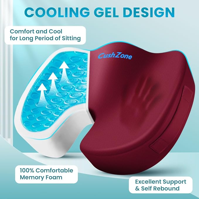 Gel Seat Cushion, Enhanced Memory Foam Cushion for Tailbone Pain, Red | Cooling Gel for Office Chair, U-shaped Design Chair Cushion for Gaming, Car, Wheelchair, Non-Slip Base, Washable Cover - Image 2