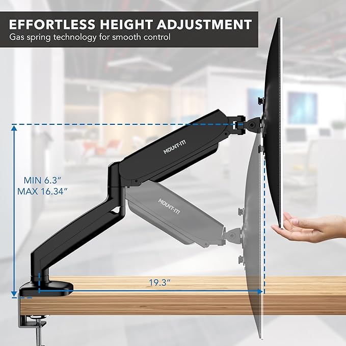 Mount-It! Dual Monitor Desk Mount, 13-32", 17.6 lbs Each | Two independent gas spring arms, full motion, VESA 75x75 & 100x100, C-clamp & grommet base. - Image 6