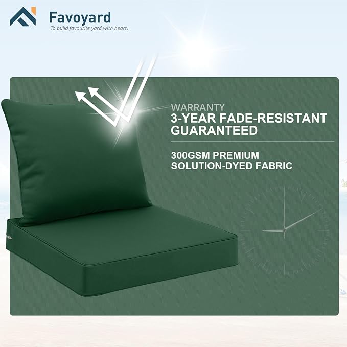 Favoyard Outdoor Patio Seat Cushion Set, 22x22 Inch, Water & Fade Resistant | Dark Green, Removable Cover, Deep Seat & Back Cushion, Tie Straps for Patio Furniture, Garden, Rocking Chair, Sofa Couch - Image 4