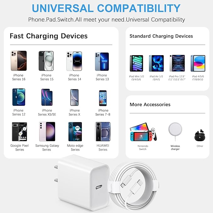 12FT iPhone 17 16 15 Charger Fast Charging Type C Charger USB C Charger | for iPhones, iPads,Tablets, Android phones,20W iPhone Charger USB-C Power Adapter,with Extra Long USB-C Charging Cables - Image 6