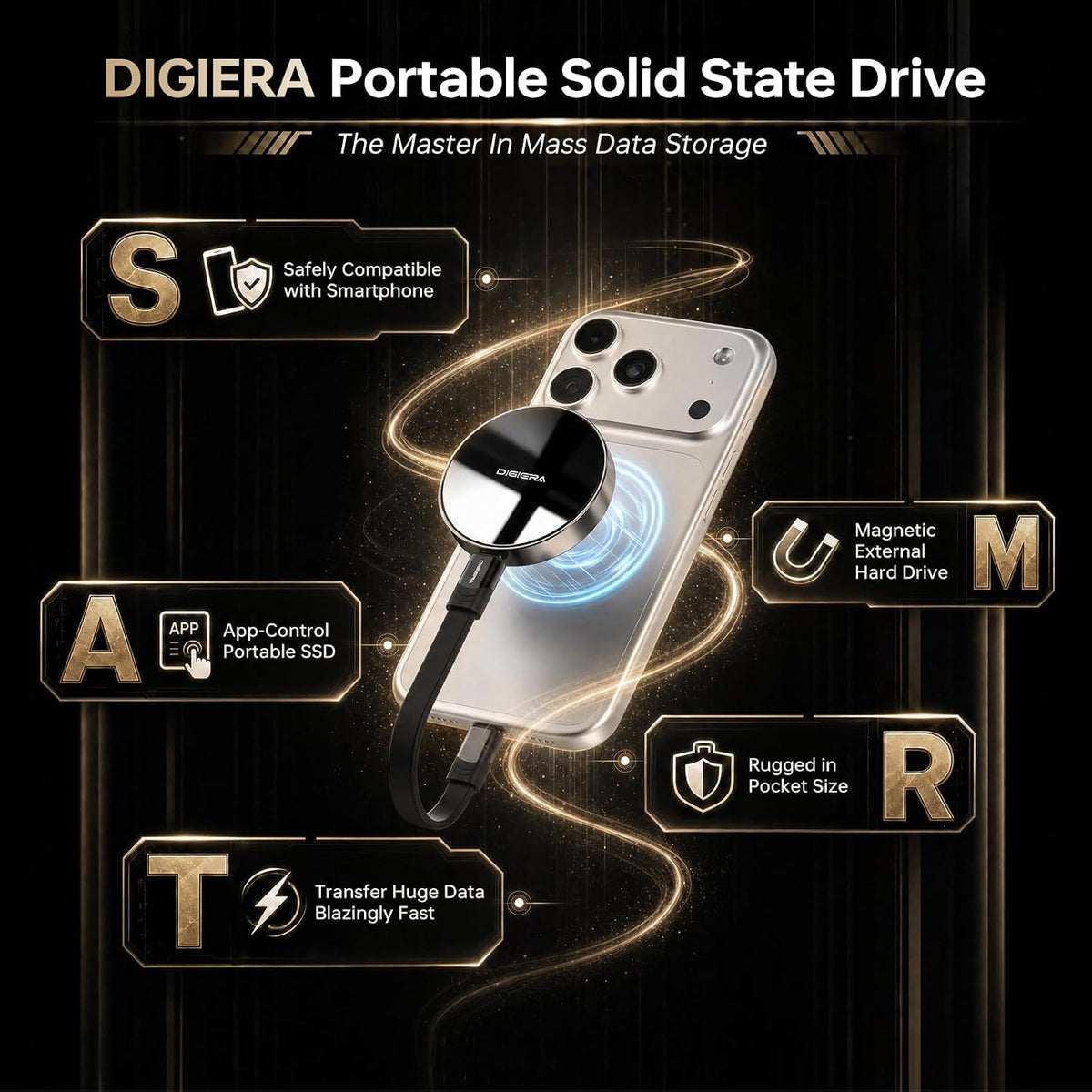 DIGIERA 4TB Magnetic Portable SSD, External Solid State Drives with USB-C 3.2 Gen 2x2, Speed Up to 2000MB/s, Compact & Durable, Compatible with iPhone 15/16/17 Series and Other USB-C Devices, Black - Image 2
