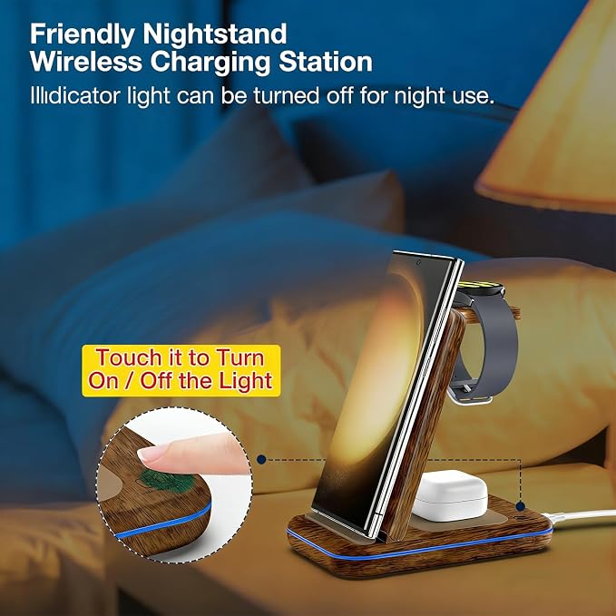 Wireless Charger for Samsung/Android, HOLYJOY Foldable 3 in 1 Fast Charging Station/Stand/Multi Charger for Samsung S25 Ultra/S24/Note 20, Travel Pad for Galaxy Watch 8/7/6/5/Active 2, for Buds(Wood) - Image 4