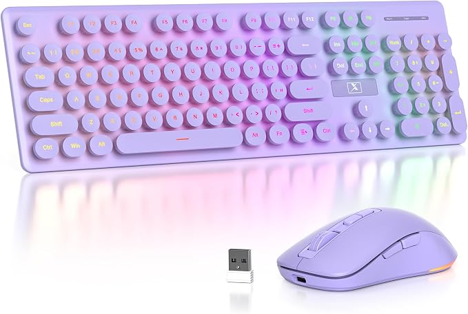 Backlit Wireless Keyboard and Mouse, 2.4GHz Light Up Typewriter Rechargeable Cordless Quiet Keyboard with USB Receiver for PC/Laptop (Purple) by Vumilstek