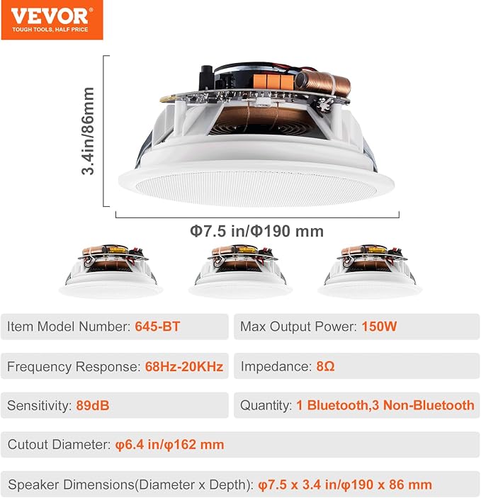 VEVOR 4 PCs 6.5'' Bluetooth Ceiling Speakers, 600W Flush Mount Ceiling & in-Wall Speaker System with 8Ω Impedance 89dB Sensitivity, for Home Kitchen Living Room Bedroom or Covered Outdoor Porches - Image 8